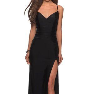 La Femme Black Cross Back Satin Jersey Trumpet Gown